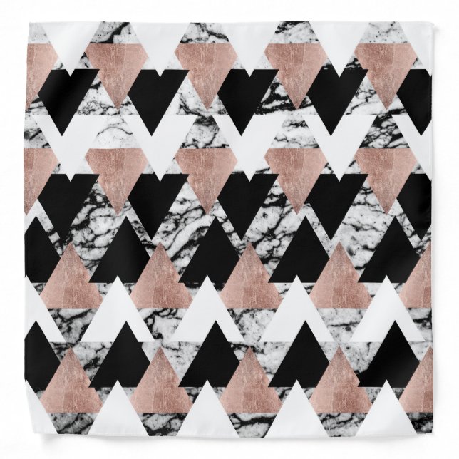 Modern Black White Rose Gold Triangles on Marble Bandana (Front)