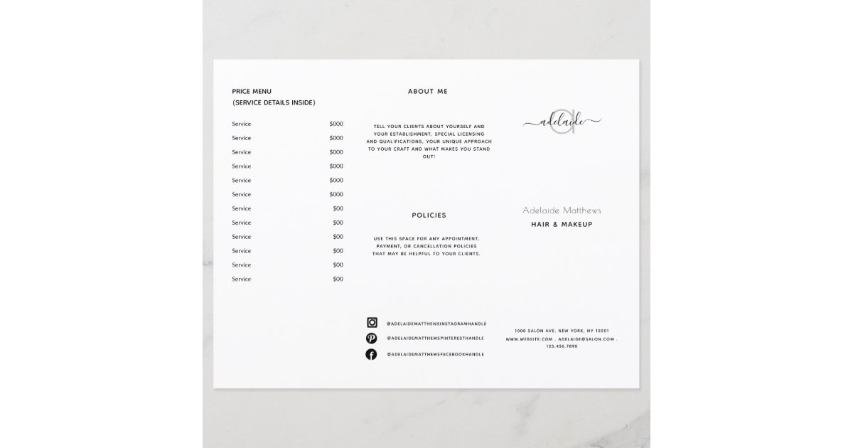 Modern Black White Salon Price List Service Menu Zazzle