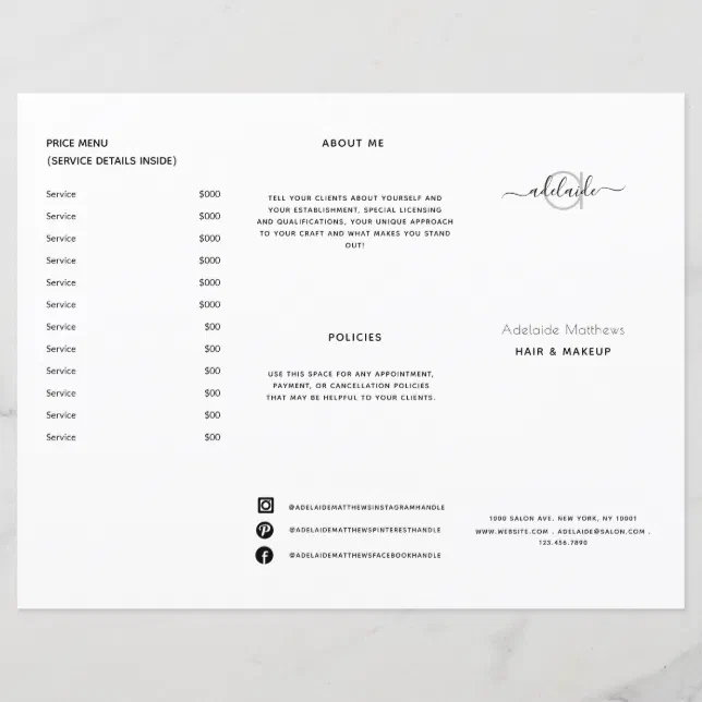 Modern Black White Salon Price List Service Menu Zazzle
