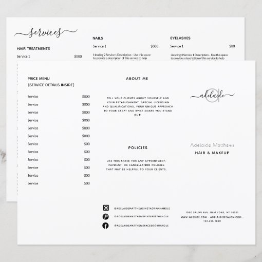 Modern Black White Salon Price List Service Menu Zazzle