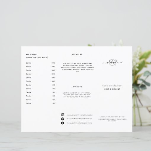 Modern Black White Salon Price List Service Menu | Zazzle