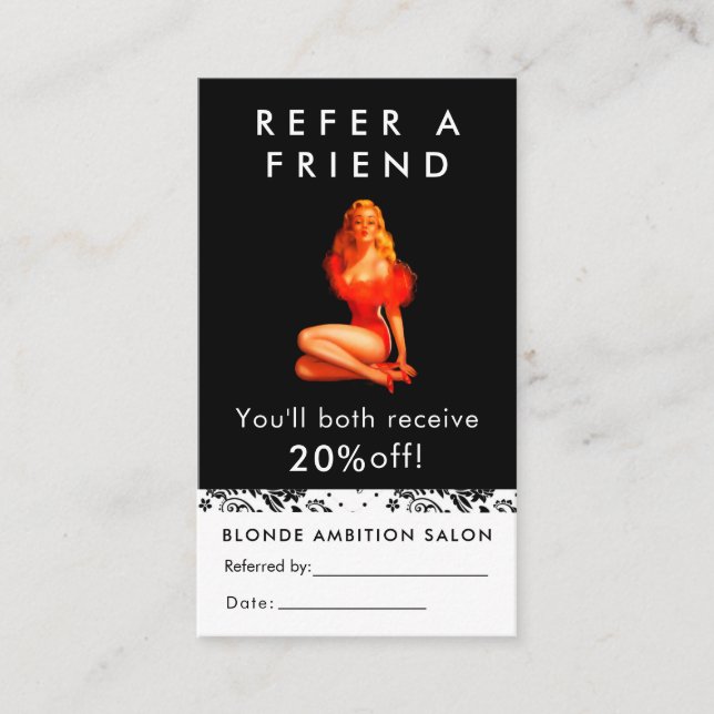 Modern Black White Salon Referral Card Beauty (Front)