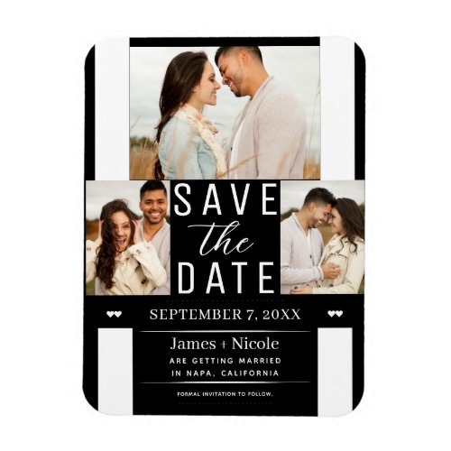 Modern Black White Save the Date 3 Photo Wedding  Magnet