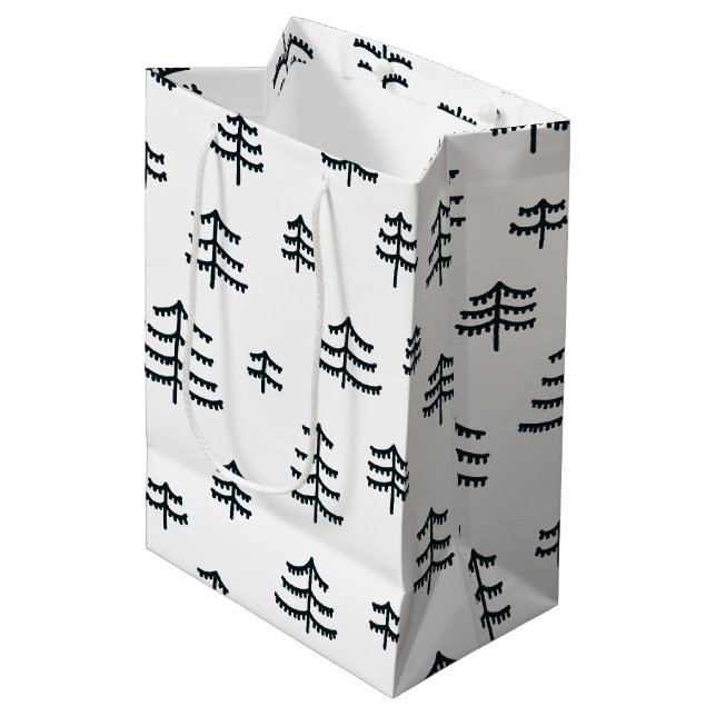 Modern Black & White Scandinavian Christmas Trees Medium Gift Bag (Front Angled)