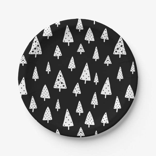 Modern Black & White Scandinavian Christmas Trees Paper Plates (Front)