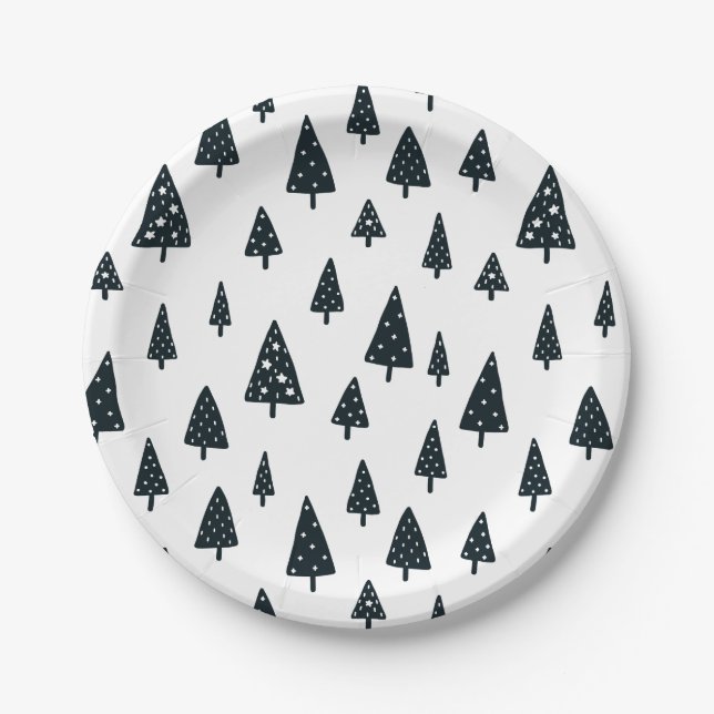 Modern Black & White Scandinavian Christmas Trees Paper Plates (Front)