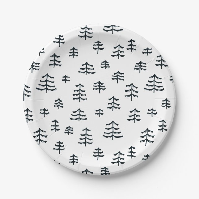 Modern Black & White Scandinavian Christmas Trees Paper Plates (Front)