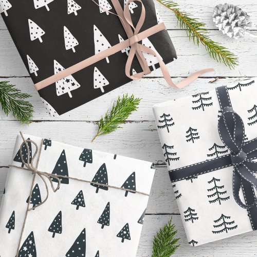 Modern Black  White Scandinavian Christmas Trees Wrapping Paper Sheets