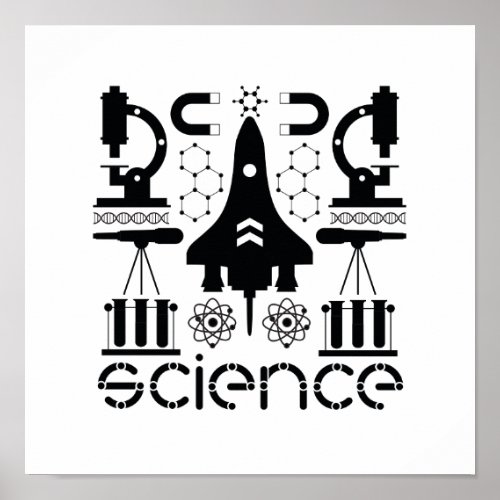 Modern Black  White Science Objects Pattern Poster
