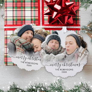 Modern Black White Script 2 Couple Photo Christmas Ornament Card