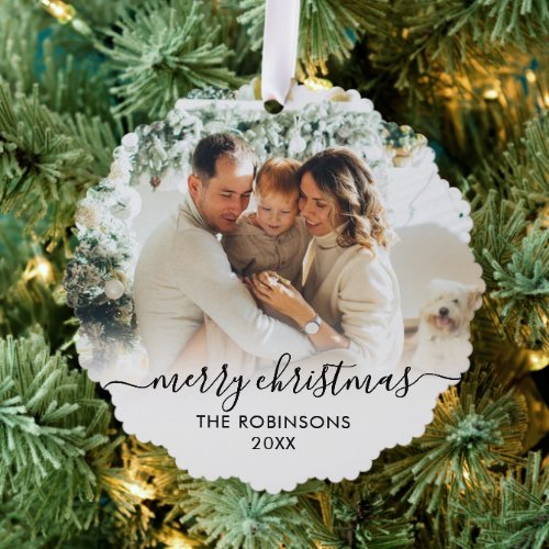 Modern Black White Script 2 Family Photo Christmas Ornament Card