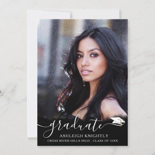 Modern Black White Script 4 Photo Graduation Announcement