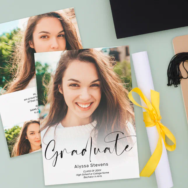 Modern Black White Script Photos Graduation Announcement Zazzle