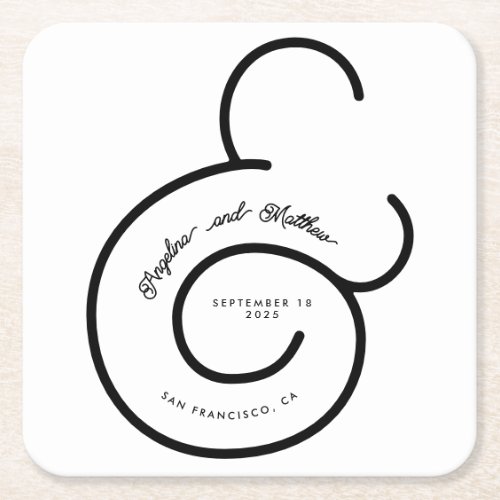 Modern Black White Script Ampersand Wedding Party Square Paper Coaster