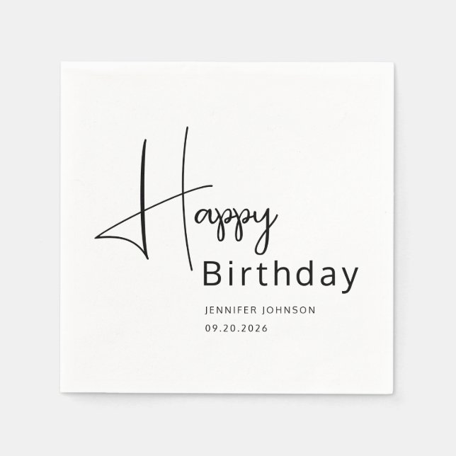 Modern Black & White Script Birthday Napkins (Front)