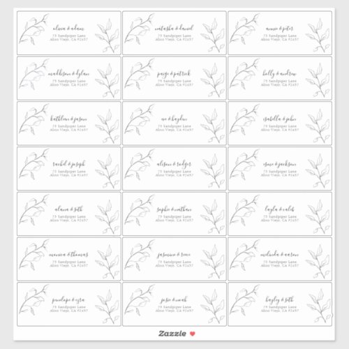 Modern Black White Script Botanical Guest Address Sticker