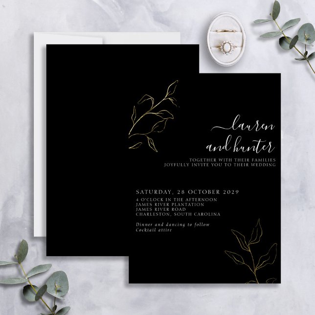 Modern Black White Script Botanical Wedding Gold Foil Invitation (Creator Uploaded)