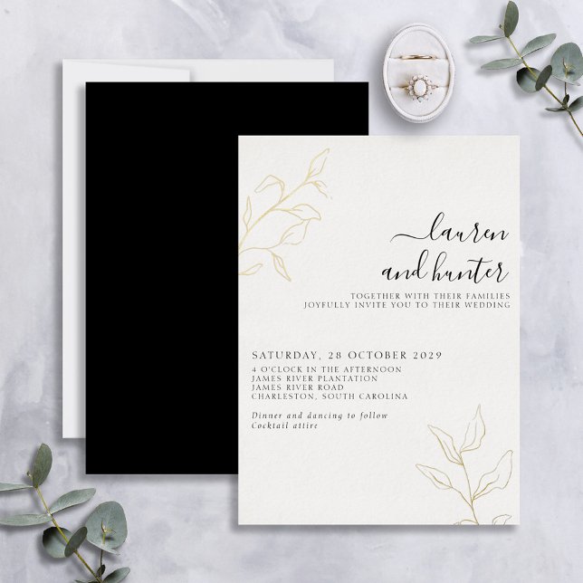 Modern Black White Script Botanical Wedding Gold Foil Invitation (Creator Uploaded)