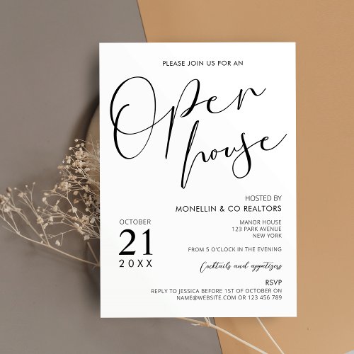 Modern Black  White Script Business Open House Invitation