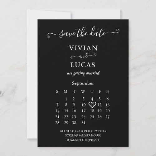 Modern Black  White Script Calendar Save the Date Invitation