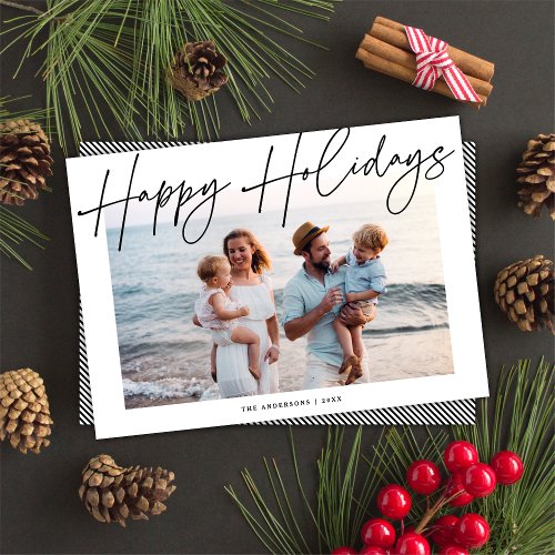 Modern Black  White Script Christmas Photo Holiday Card