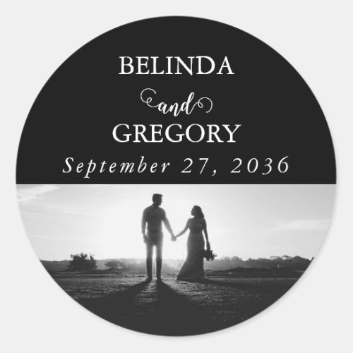 Modern Black  White Script Couple Photo Wedding Classic Round Sticker