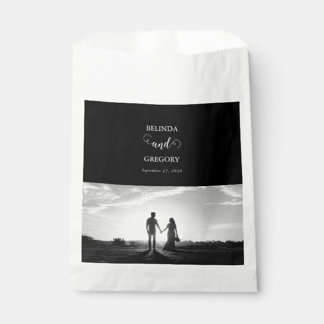 Modern Black & White Script Couple Photo Wedding Favor Bag (Front)
