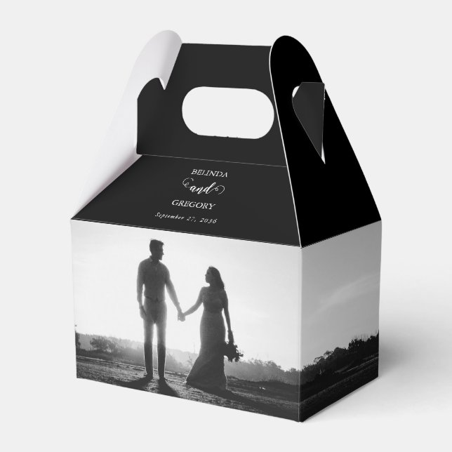Modern Black & White Script Couple Photo Wedding  Favor Boxes (Front Side)