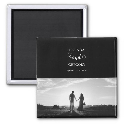 Modern Black  White Script Couple Photo Wedding  Magnet