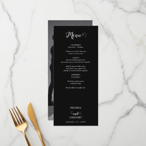 Modern Black  White Script Couple Photo Wedding Menu