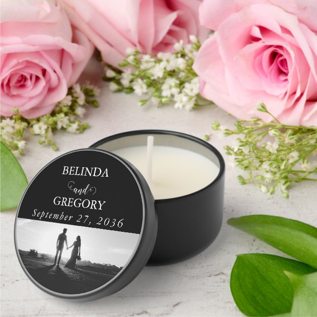 Modern Black & White Script Couple Photo Wedding Mini Candle Favors (Insitu (Wedding))