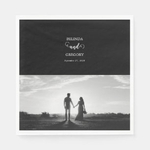 Modern Black & White Script Couple Photo Wedding Napkins