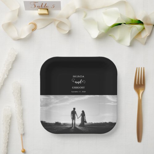 Modern Black  White Script Couple Photo Wedding Paper Plates