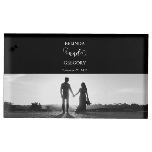 Modern Black  White Script Couple Photo Wedding Place Card Holder