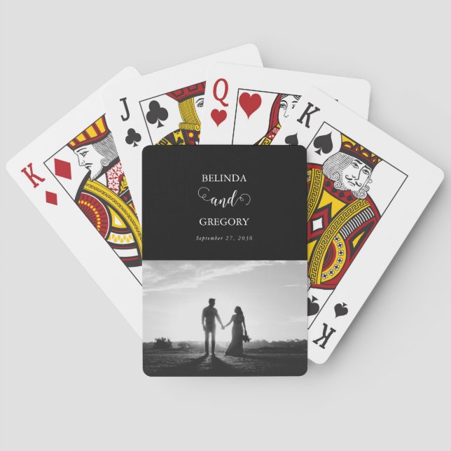 Modern Black & White Script Couple Photo Wedding Poker Cards (Back)