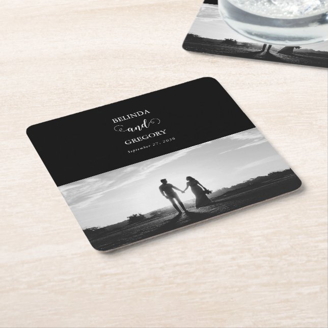 Modern Black & White Script Couple Photo Wedding Square Paper Coaster (Angled)