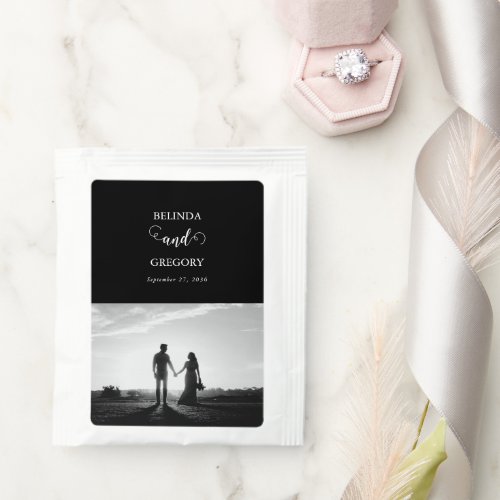 Modern Black  White Script Couple Photo Wedding Tea Bag Drink Mix