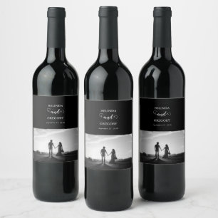 Modern Black & White Script Couple Photo Wedding Wine Label