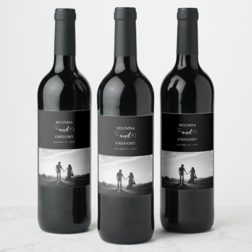 Modern Black  White Script Couple Photo Wedding Wine Label