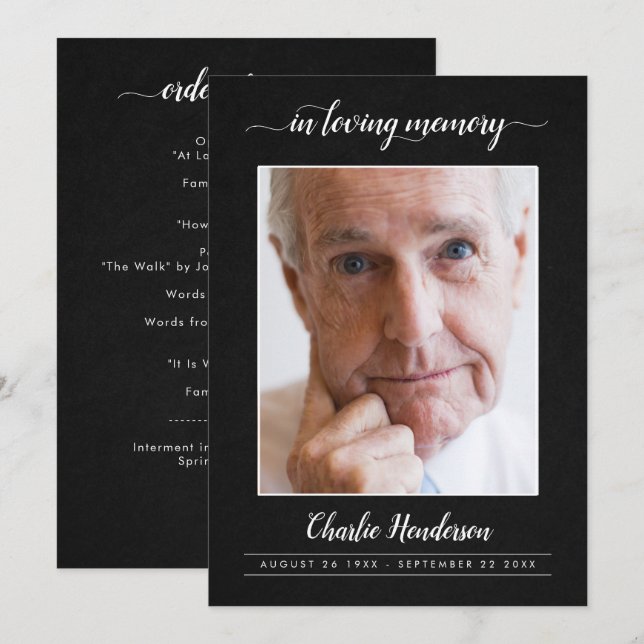Modern Black & White Script Funeral Program (Front/Back)