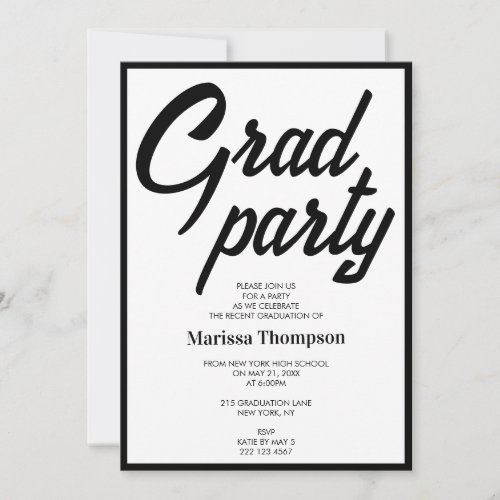 Modern Black White Script Graduation Party  Invitation