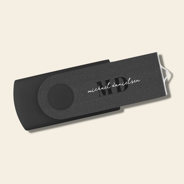 Modern Black & White Script Handwritten Monogram Flash Drive (Creator Uploaded)