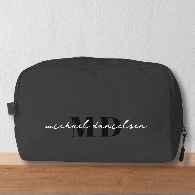 Modern Black & White Script Initial Monogram  Dopp Kit (Creator Uploaded)