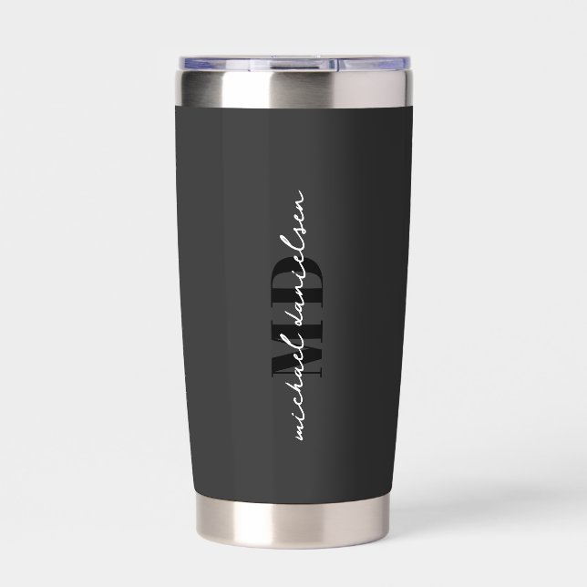 Modern Black White Script Initial Monogram Insulated Tumbler (Front)
