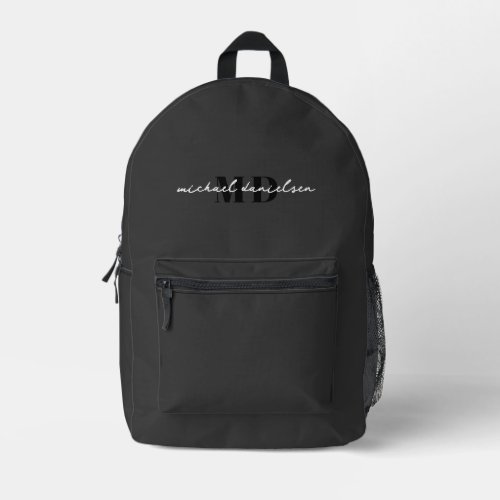 Modern Black  White Script Initial Monogram Printed Backpack