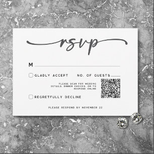 Modern Black White Script Minimal Wedding QR Code RSVP Card