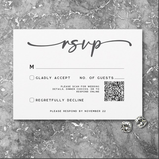 Modern Black White Script Minimal Wedding QR Code RSVP Card (Modern Black White Script Photo Wedding QR Code RSVP Card)