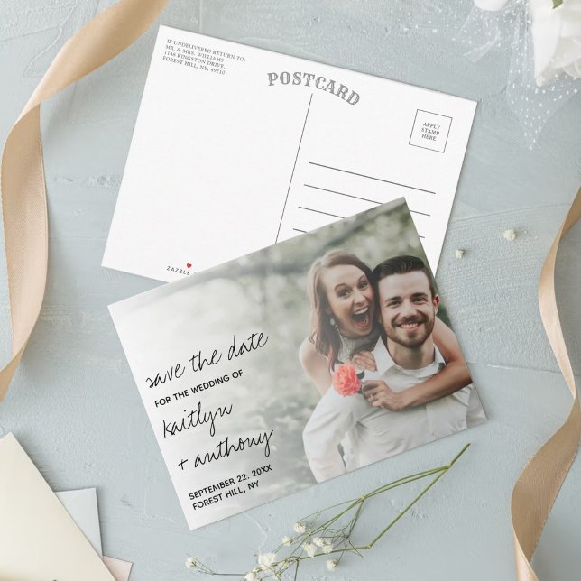 Modern Black & White Script Minimalistic Photo Announcement Postcard (Creator Uploaded)