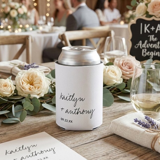 Modern Black & White Script Minimalistic Wedding Can Cooler (Creator Uploaded)