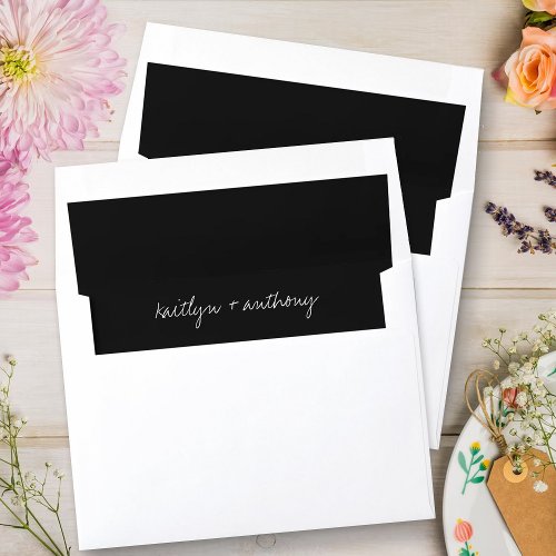 Modern Black  White Script Minimalistic Wedding Envelope Liner